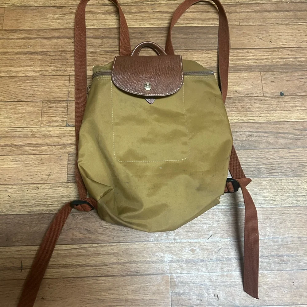 Longchamp Le Pliage Nylon Sac A Dos Backpack - Olive Green Chestnut Zip Snap - Picture 3 of 7